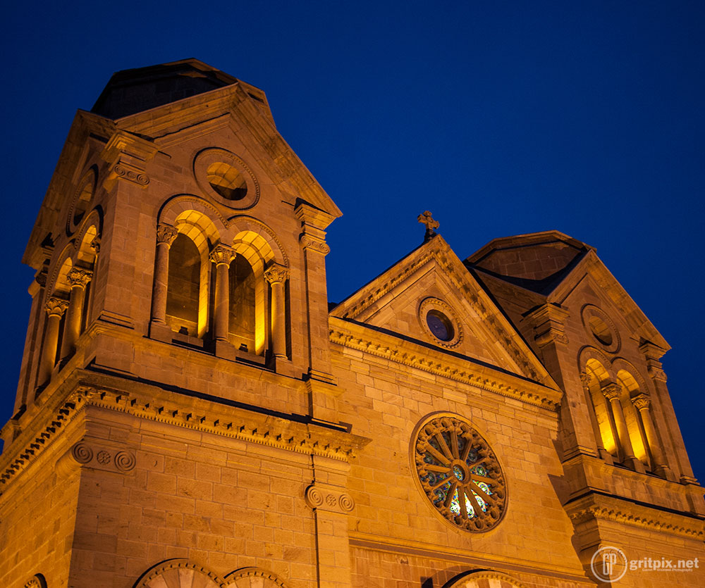 Basilica Cathedral of St. Francis, at night.